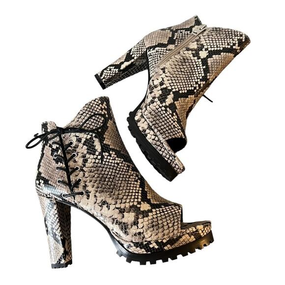 AllSaints Michela Leather Snake Print Peep Toe Heeled Shoes Booties Size 40 EU - Picture 7 of 16